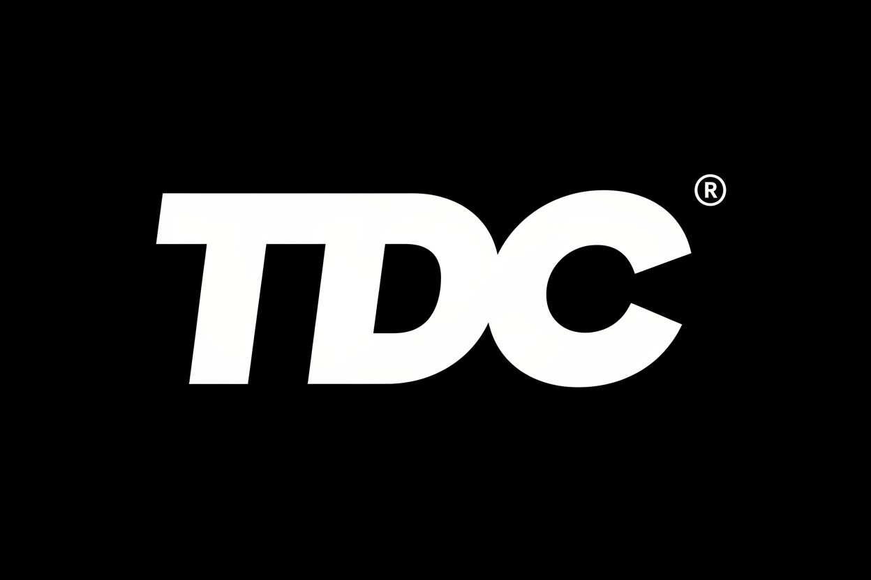 White 'TDC' logo on a black background